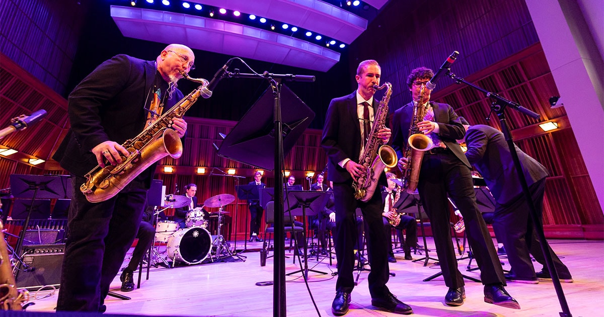 The 53rd annual Larry McWilliams Dimensions in Jazz Festival attracted high school jazz bands from across Indiana to participate in jazz band and combo competitions. The day ended with an evening concert featuring the two winning bands from the day’s competition and the Ball State Jazz Lab Ensemble with special guest artist Jeff Coffin.