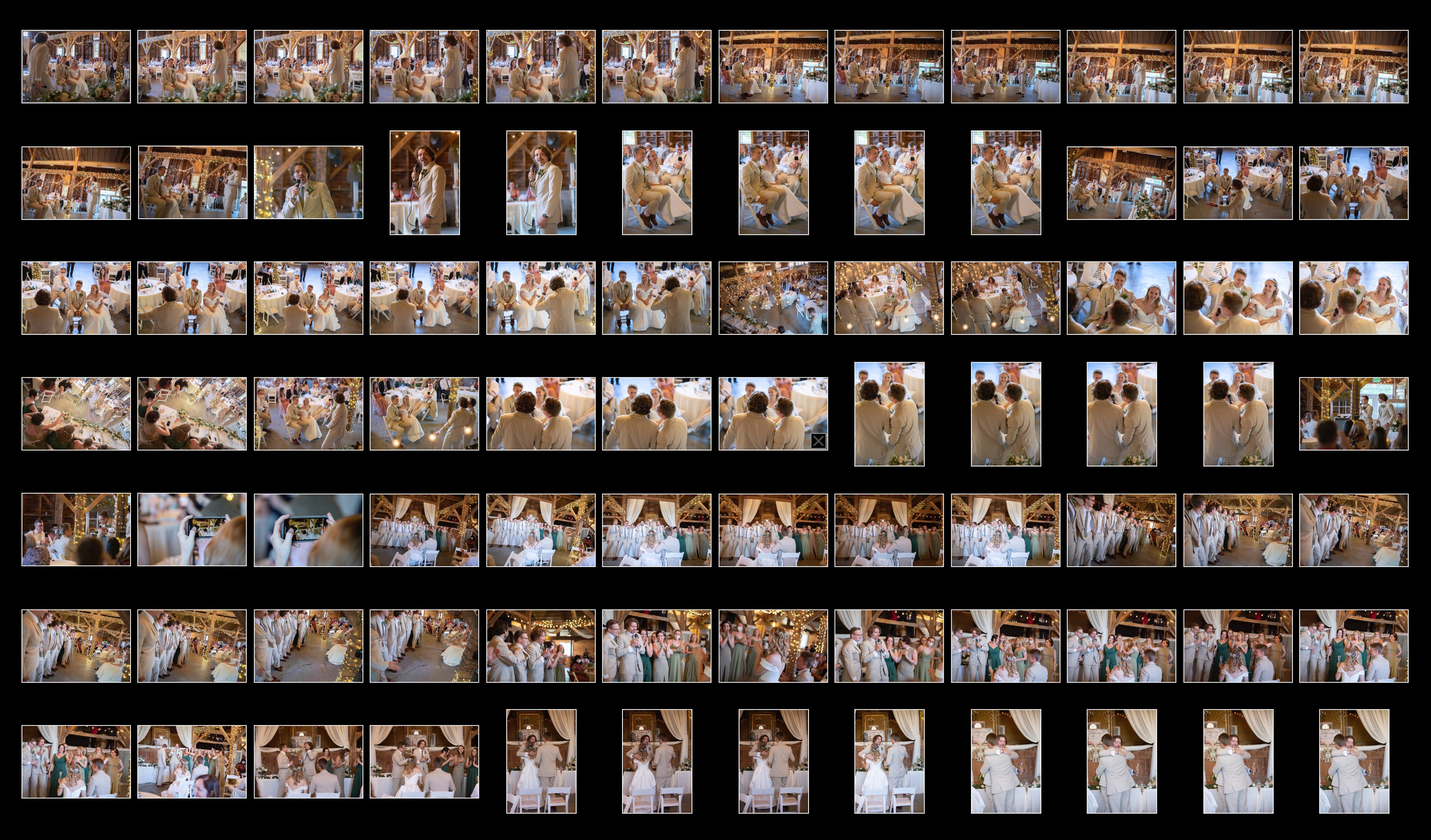 A grid of photo thumbnails from over 20 different perspectives shows the progression of a bridal party’s speech + song to a bride and groom during a wedding reception. Riley works hard as a photographer to ensure that every angle is covered.